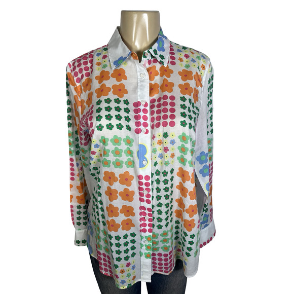Talbots Shirt Womens Medium White Multicolor Floral Dot Button Down Long Sleeve - Picture 2 of 12
